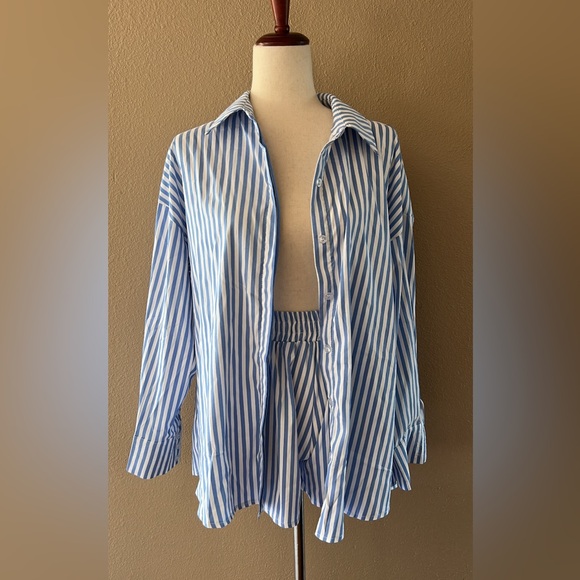Striped button down long sleeve top with matching shorts set - Picture 5 of 9